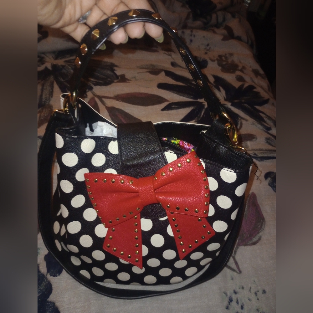 Betsey Johnson Iron Maiden Black and White Polka Dot Bag with Red Bow